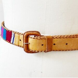 Vintage Boho Brown Leather Embroidered Tribal Festival Buckle Belt